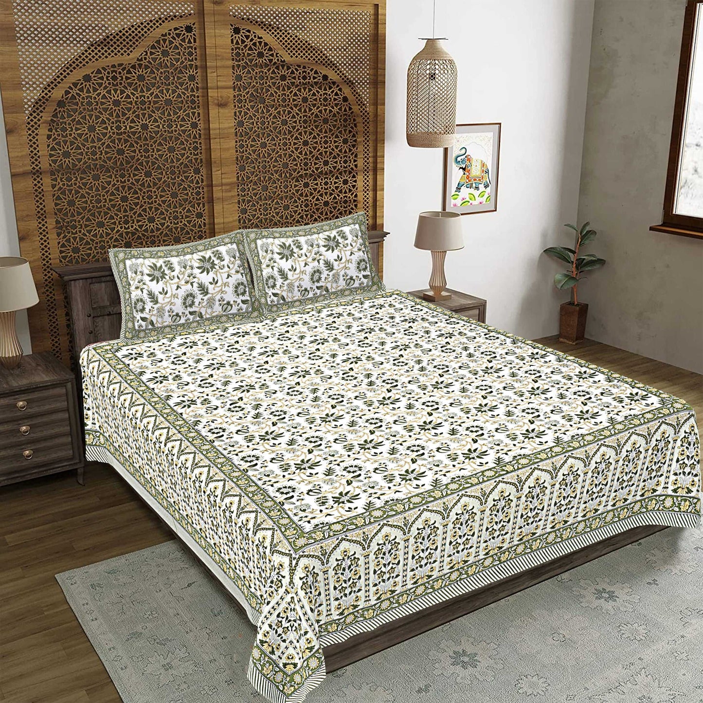 Rudra Bazaar Green 210 TC Cotton Double King Bedsheet With 2 Pillow Covers