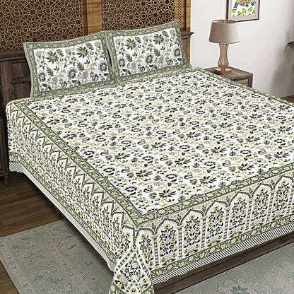 Rudra Bazaar Green 210 TC Cotton Double King Bedsheet With 2 Pillow Covers