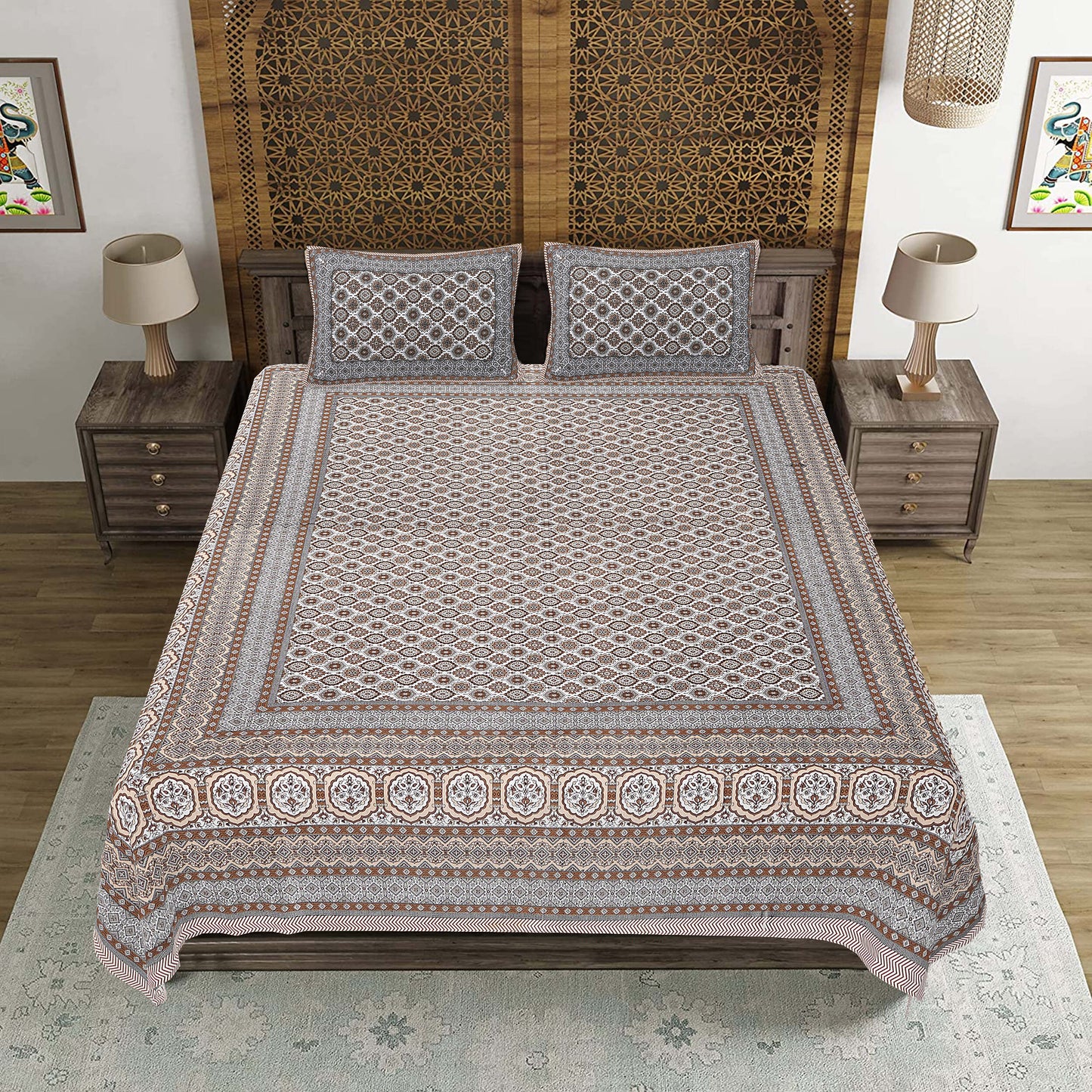Rudra Bazaar Brown 210 TC Cotton Double King Bedsheet With 2 Pillow Covers