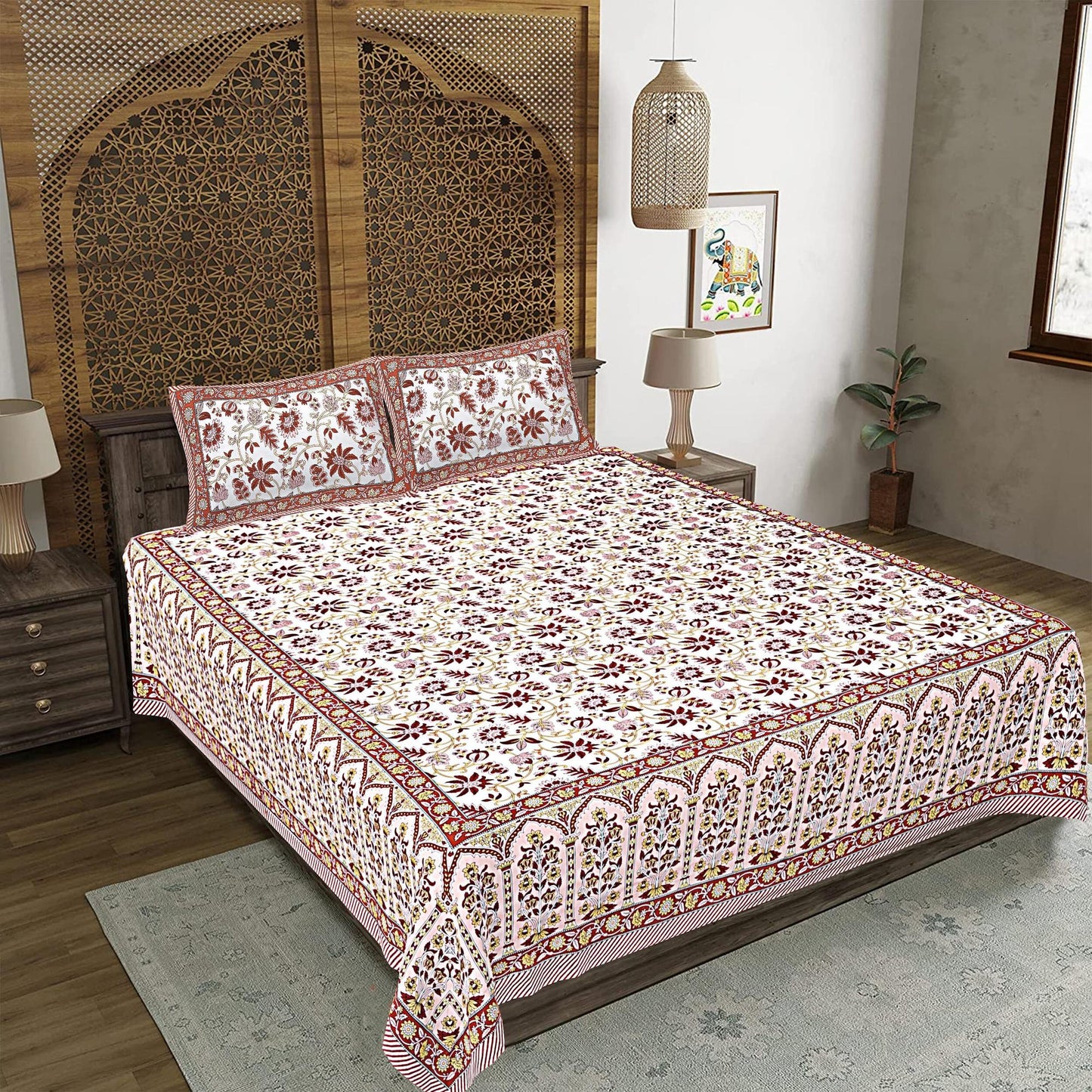 Rudra Bazaar Peach 210 TC Cotton Double King Bedsheet With 2 Pillow Covers