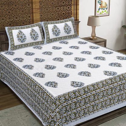 Rudra Bazaar Blue Green 210 TC Cotton Double King Bedsheet With 2 Pillow Covers
