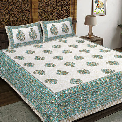 Rudra Bazaar Green 210 TC Cotton Double King Bedsheet With 2 Pillow Covers