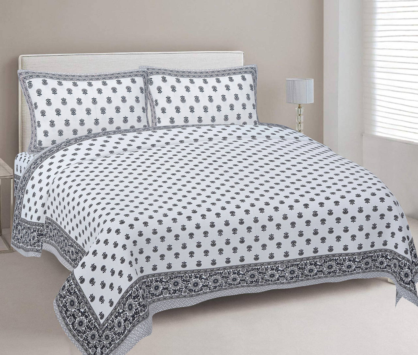 Rudra Bazaar Grey 210 TC Cotton Double King Bedsheet With 2 Pillow Covers