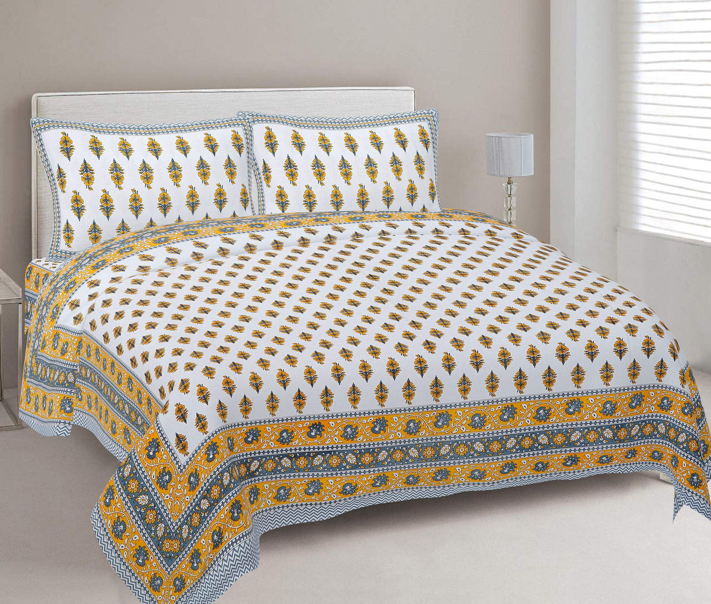 Rudra Bazaar Yellow 210 TC Cotton Double King Bedsheet With 2 Pillow Covers