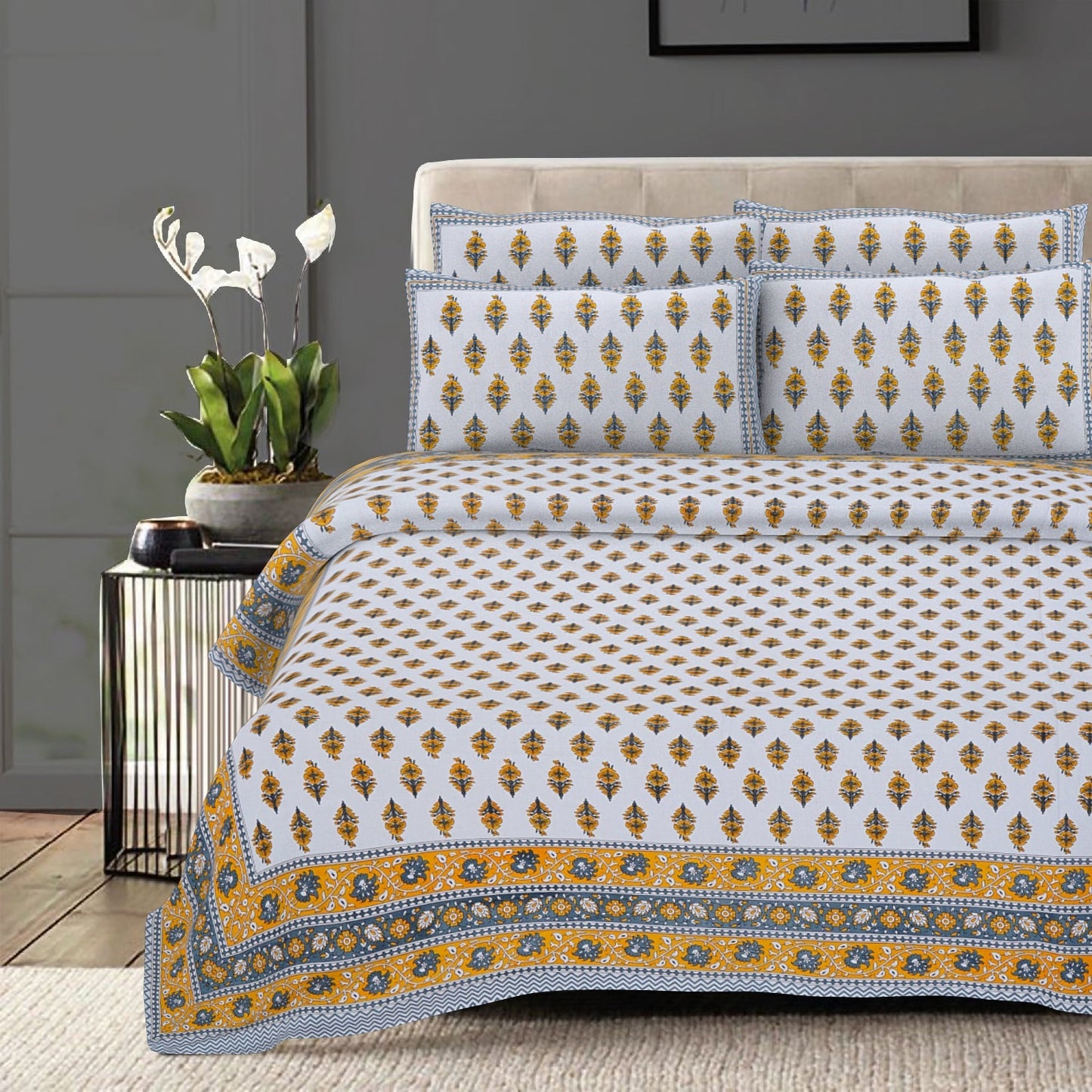 Rudra Bazaar Yellow 210 TC Cotton Double King Bedsheet With 2 Pillow Covers