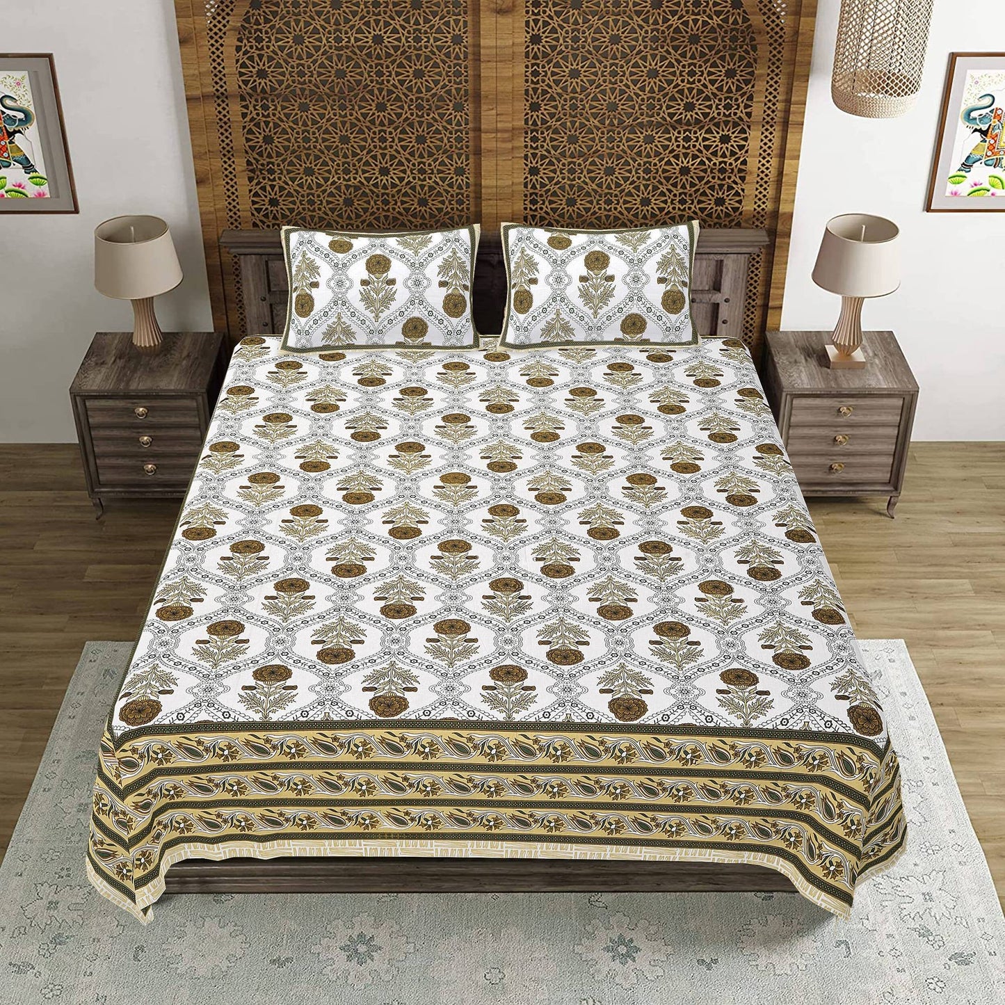 Rudra Bazaar Green 210 TC Cotton Double King Bedsheet With 2 Pillow Covers