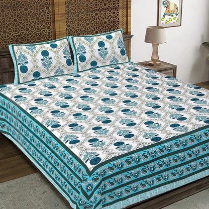 Rudra Bazaar Turquoise Blue 210 TC Cotton Double King Bedsheet With 2 Pillow Covers
