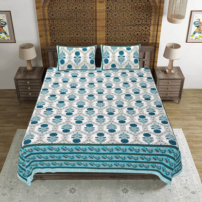 Rudra Bazaar Turquoise Blue 210 TC Cotton Double King Bedsheet With 2 Pillow Covers