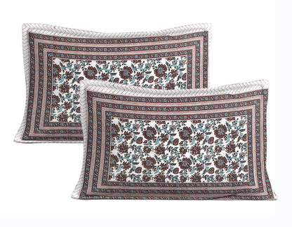 Rudra Bazaar Blue Brown 210 TC Cotton Double King Bedsheet With 2 Pillow Covers
