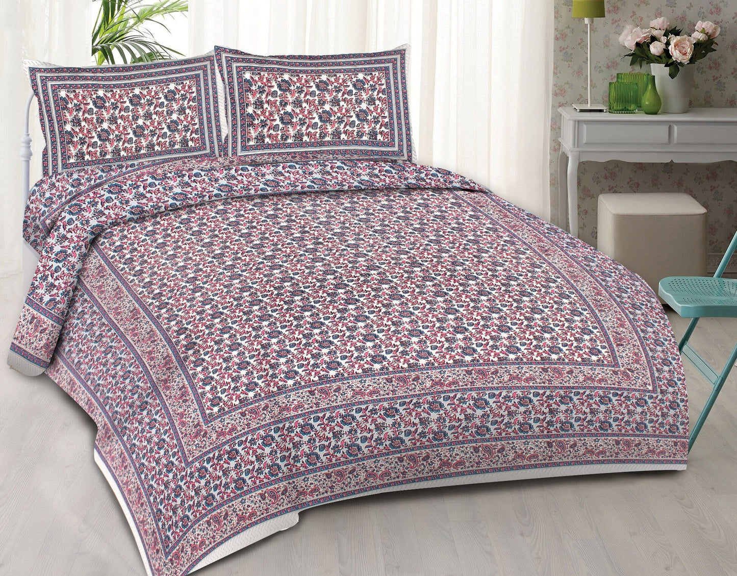 Rudra Bazaar Blue Pink 210 TC Cotton Double King Bedsheet With 2 Pillow Covers