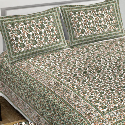 Rudra Bazaar Green 210 TC Cotton Double King Bedsheet With 2 Pillow Covers