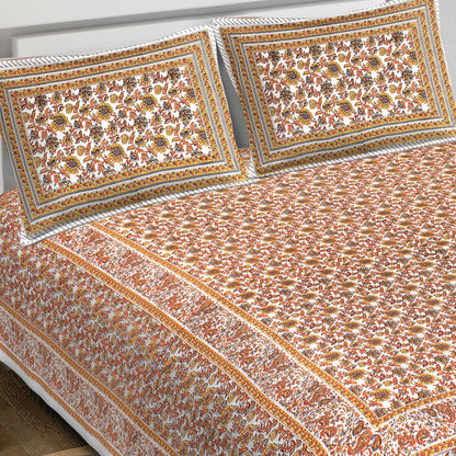 Rudra Bazaar Orange 210 TC Cotton Double King Bedsheet With 2 Pillow Covers