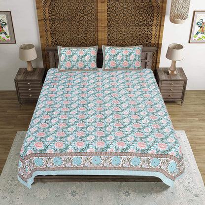 Rudra Bazaar Blue 210 TC Cotton Double King Bedsheet With 2 Pillow Covers