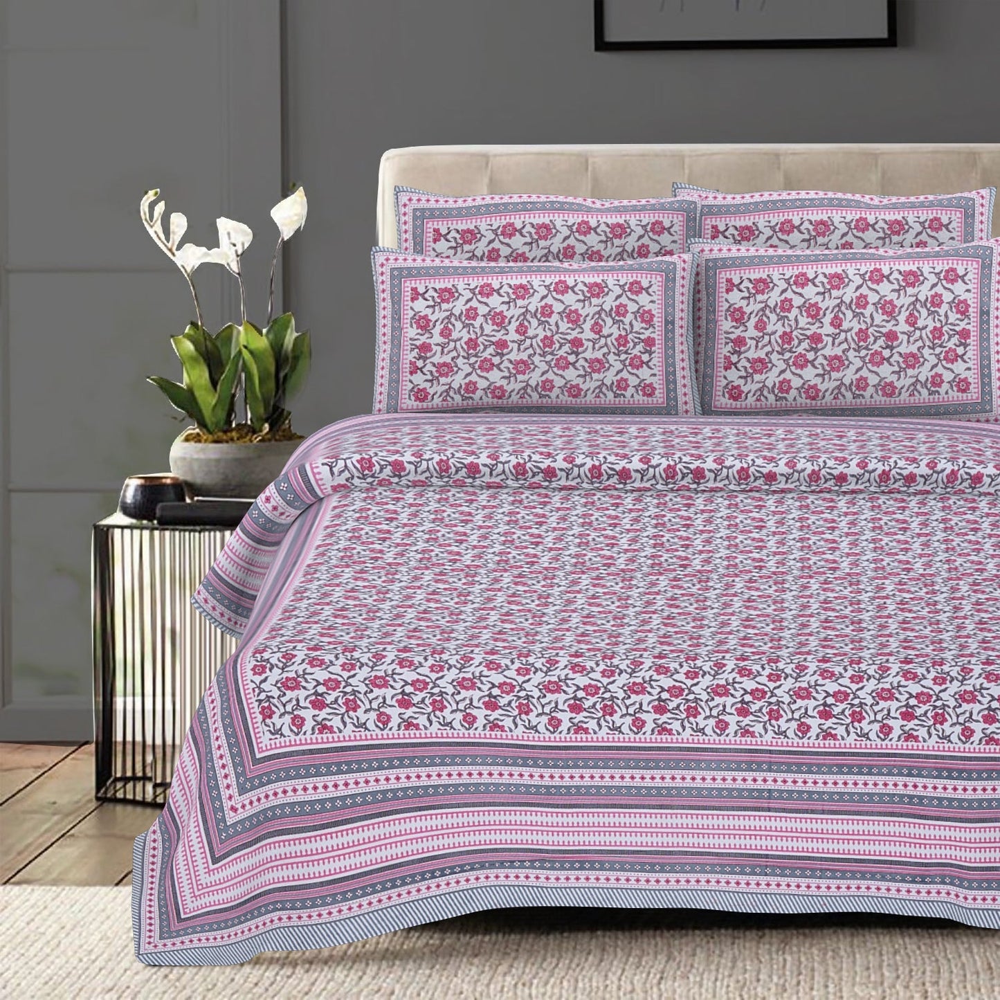 Rudra Bazaar Pink 210 TC Cotton Double King Bedsheet With 2 Pillow Covers