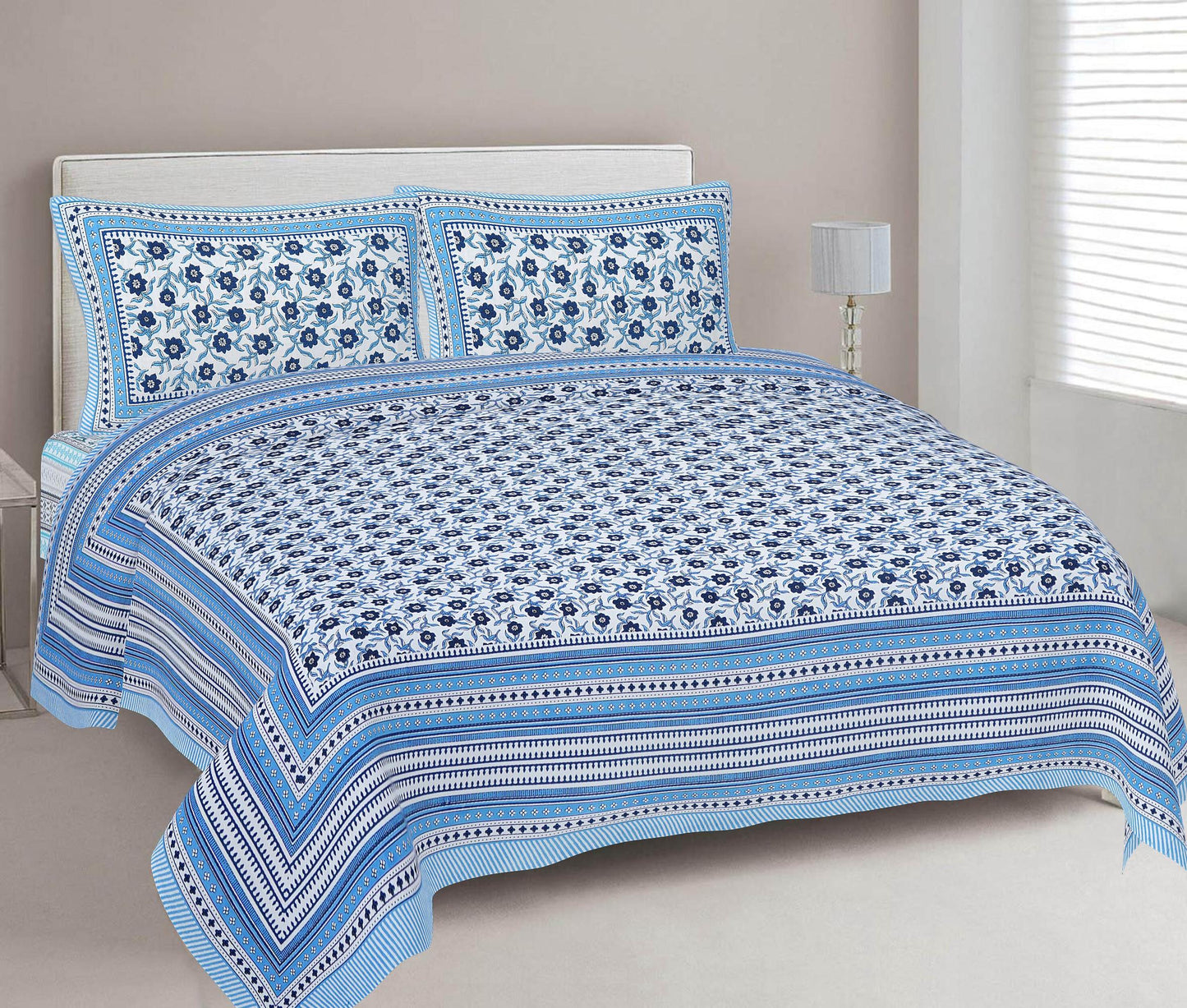 Rudra Bazaar Blue 210 TC Cotton Double King Bedsheet With 2 Pillow Covers
