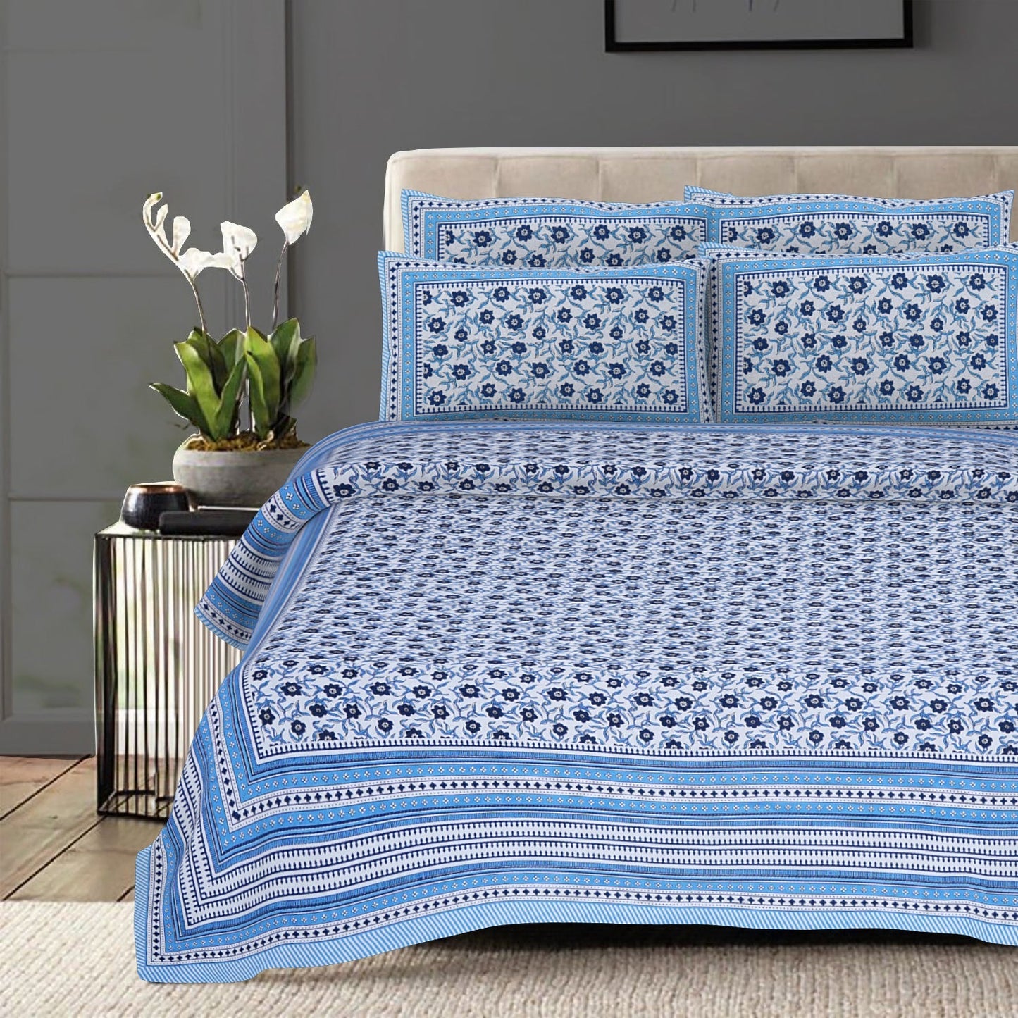 Rudra Bazaar Blue 210 TC Cotton Double King Bedsheet With 2 Pillow Covers