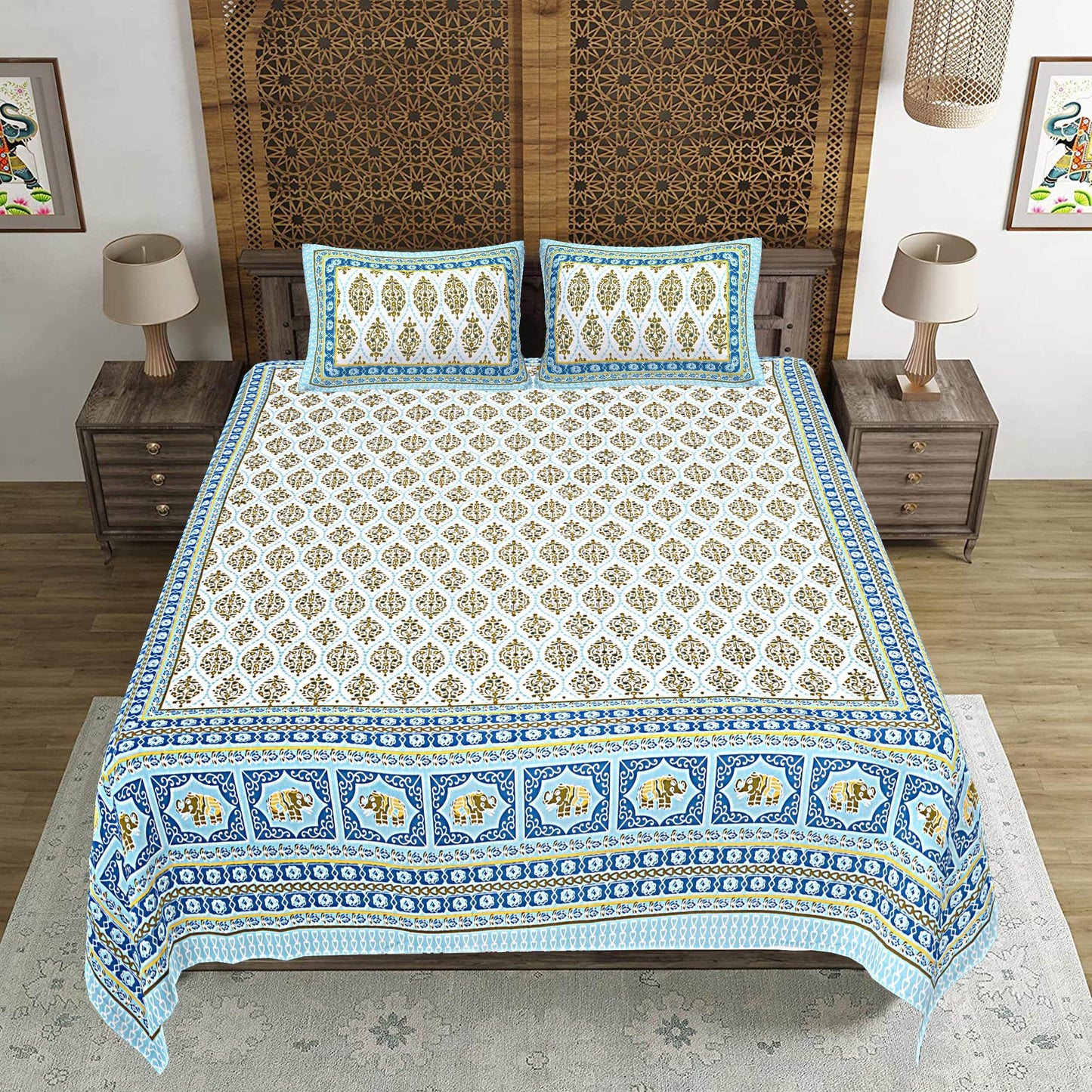 Rudra Bazaar Blue 210 TC Cotton Double King Bedsheet With 2 Pillow Covers
