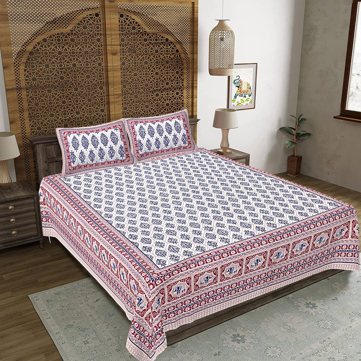 Rudra Bazaar Maroon 210 TC Cotton Double King Bedsheet With 2 Pillow Covers