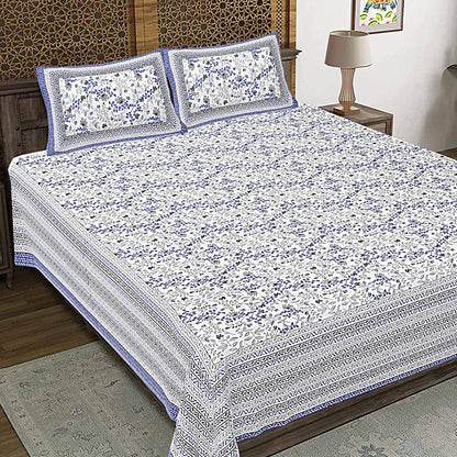 Rudra Bazaar Blue 210 TC Cotton Double King Bedsheet With 2 Pillow Covers