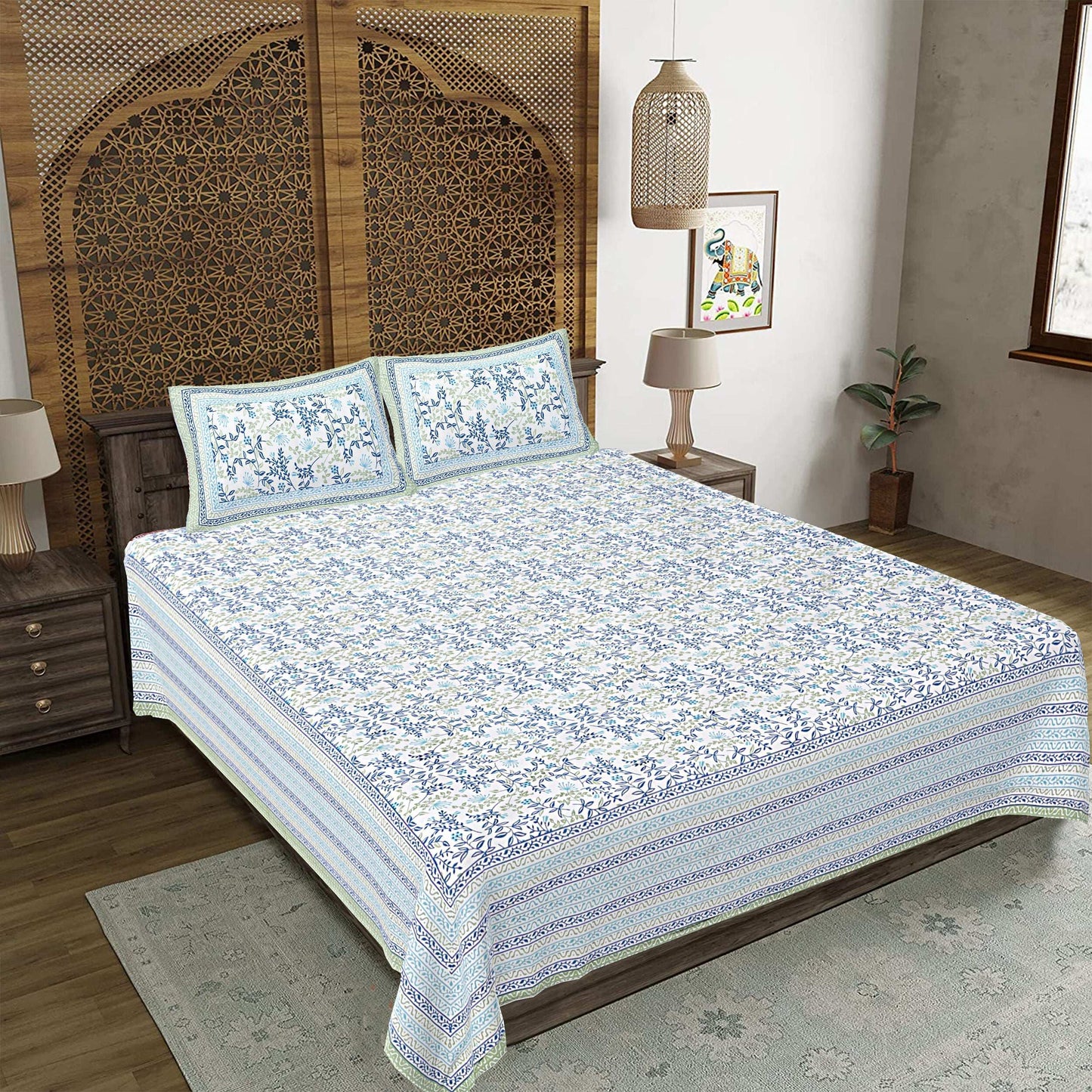 Rudra Bazaar Green 210 TC Cotton Double King Bedsheet With 2 Pillow Covers