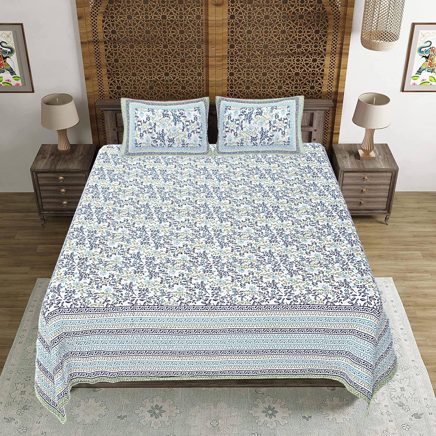 Rudra Bazaar Green 210 TC Cotton Double King Bedsheet With 2 Pillow Covers