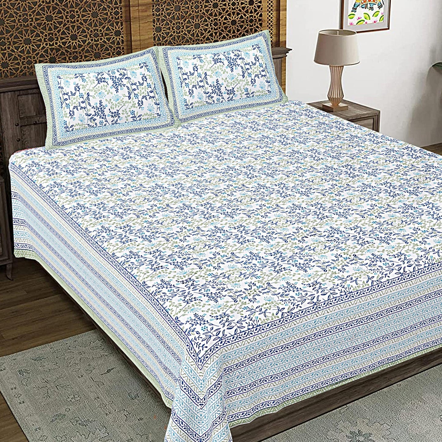 Rudra Bazaar Green 210 TC Cotton Double King Bedsheet With 2 Pillow Covers