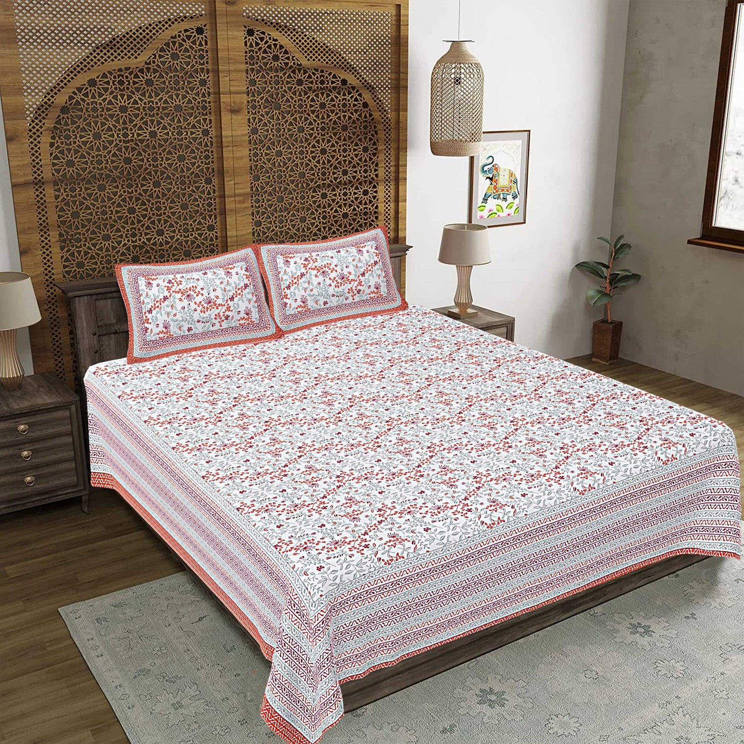 Rudra Bazaar Orange 210 TC Cotton Double King Bedsheet With 2 Pillow Covers