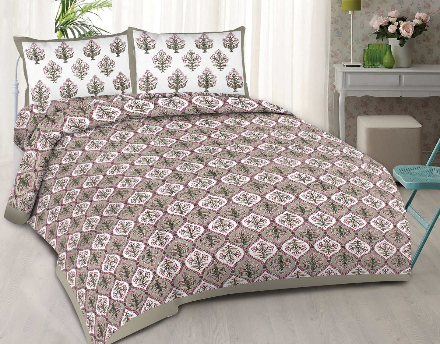 Rudra Bazaar Grey 210 TC Cotton Double King Bedsheet With 2 Pillow Covers