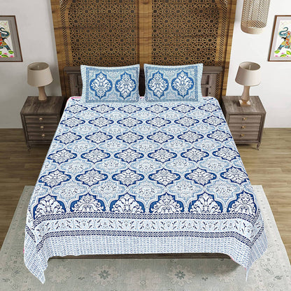 Rudra Bazaar Blue 210 TC Cotton Double King Bedsheet With 2 Pillow Covers