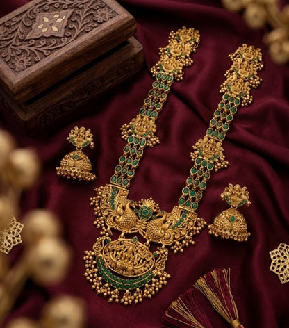 Jewel City Stunning Gold-Plated Temple Jewelry Set with Emeralds | Traditional Haram & Jhumkas | Bridal & Festival Wear