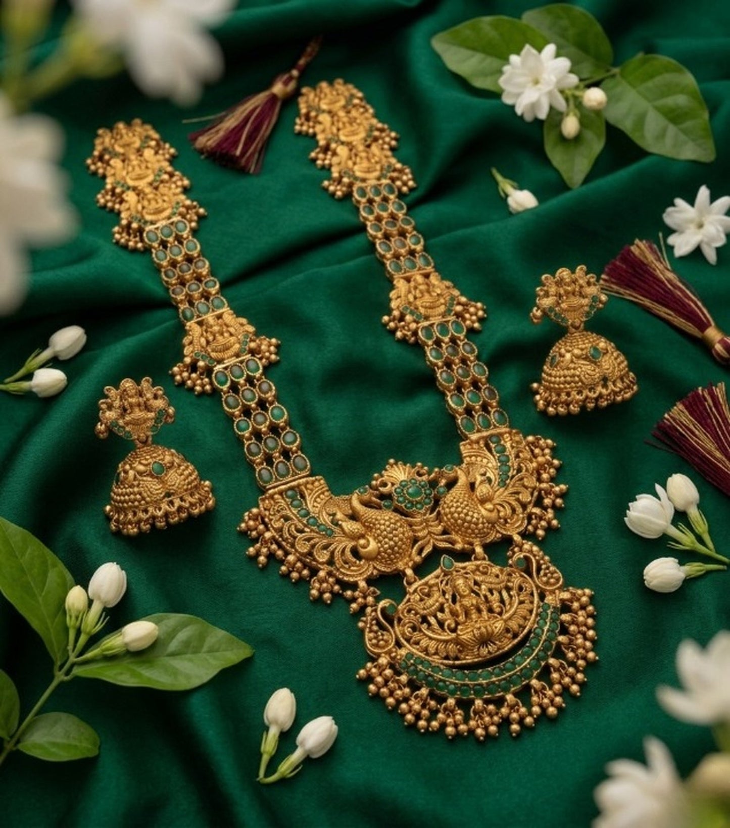 Jewel City Stunning Gold-Plated Temple Jewelry Set with Emeralds | Traditional Haram & Jhumkas | Bridal & Festival Wear