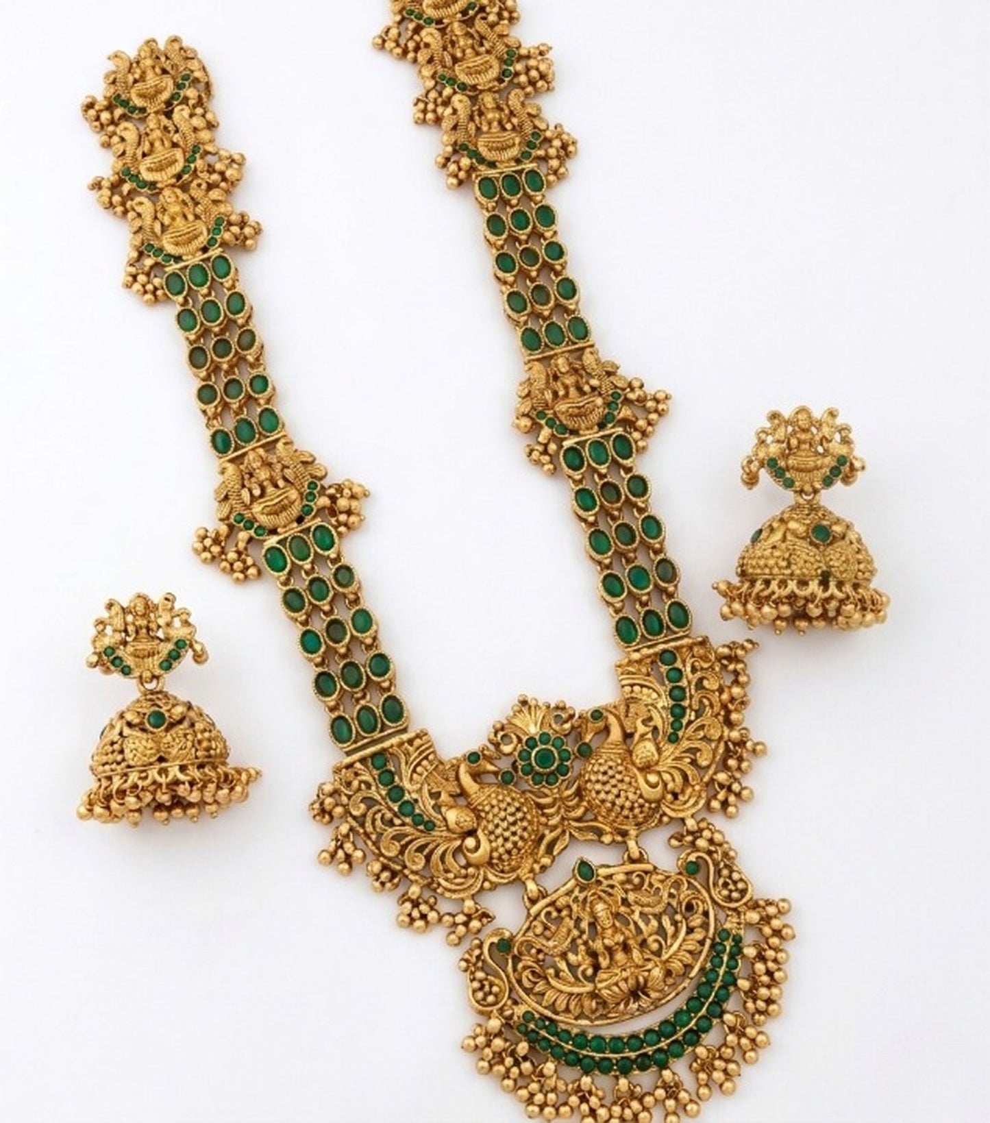 Jewel City Stunning Gold-Plated Temple Jewelry Set with Emeralds | Traditional Haram & Jhumkas | Bridal & Festival Wear