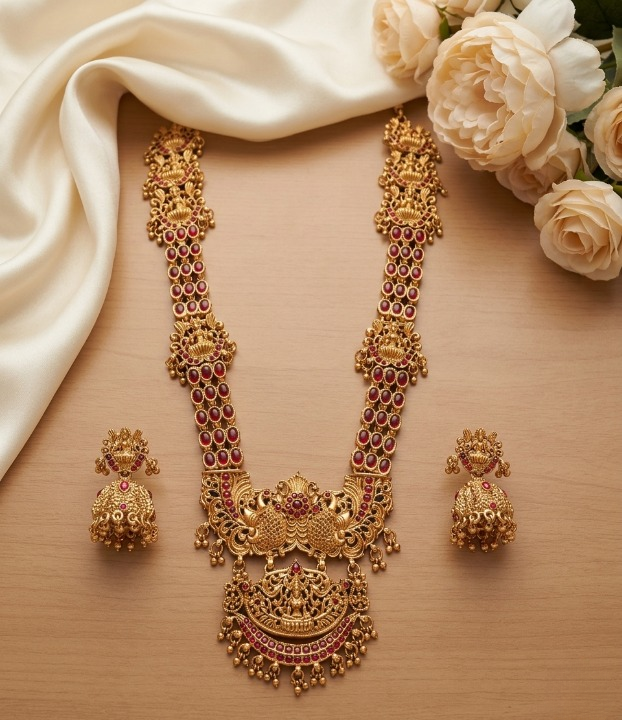 Jewel City Stunning Gold-Plated Temple Jewelry Set | Traditional Haram & Jhumkas | Bridal & Festival Wear