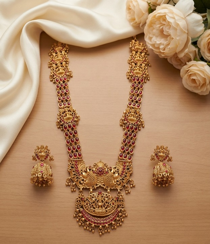 Jewel City Stunning Gold-Plated Temple Jewelry Set | Traditional Haram & Jhumkas | Bridal & Festival Wear