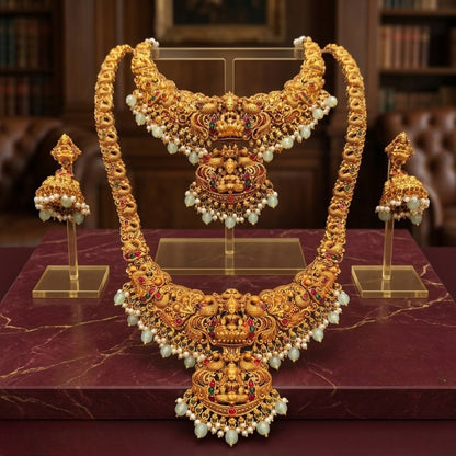 Jewel City Antique Gold-Plated Traditional Indian Temple Haram & Choker Set with Jhumka Earrings - Statement Bridal Jewelry