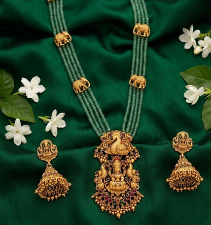 Jewel City Traditional Handcrafted Gold-Plated Long Haram Necklace Set with Pearls & Lakshmi Pendant | Ethnic Bridal Jewelry