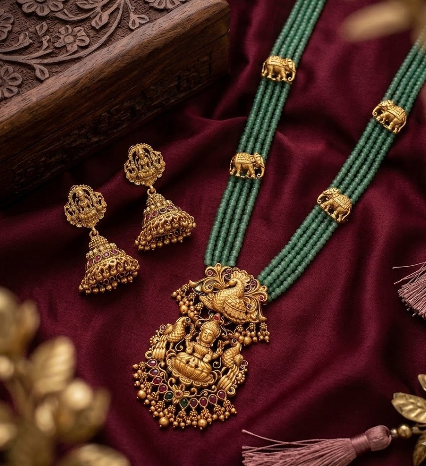 Jewel City Traditional Handcrafted Gold-Plated Long Haram Necklace Set with Pearls & Lakshmi Pendant | Ethnic Bridal Jewelry