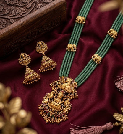 Jewel City Traditional Handcrafted Gold-Plated Long Haram Necklace Set with Pearls & Lakshmi Pendant | Ethnic Bridal Jewelry