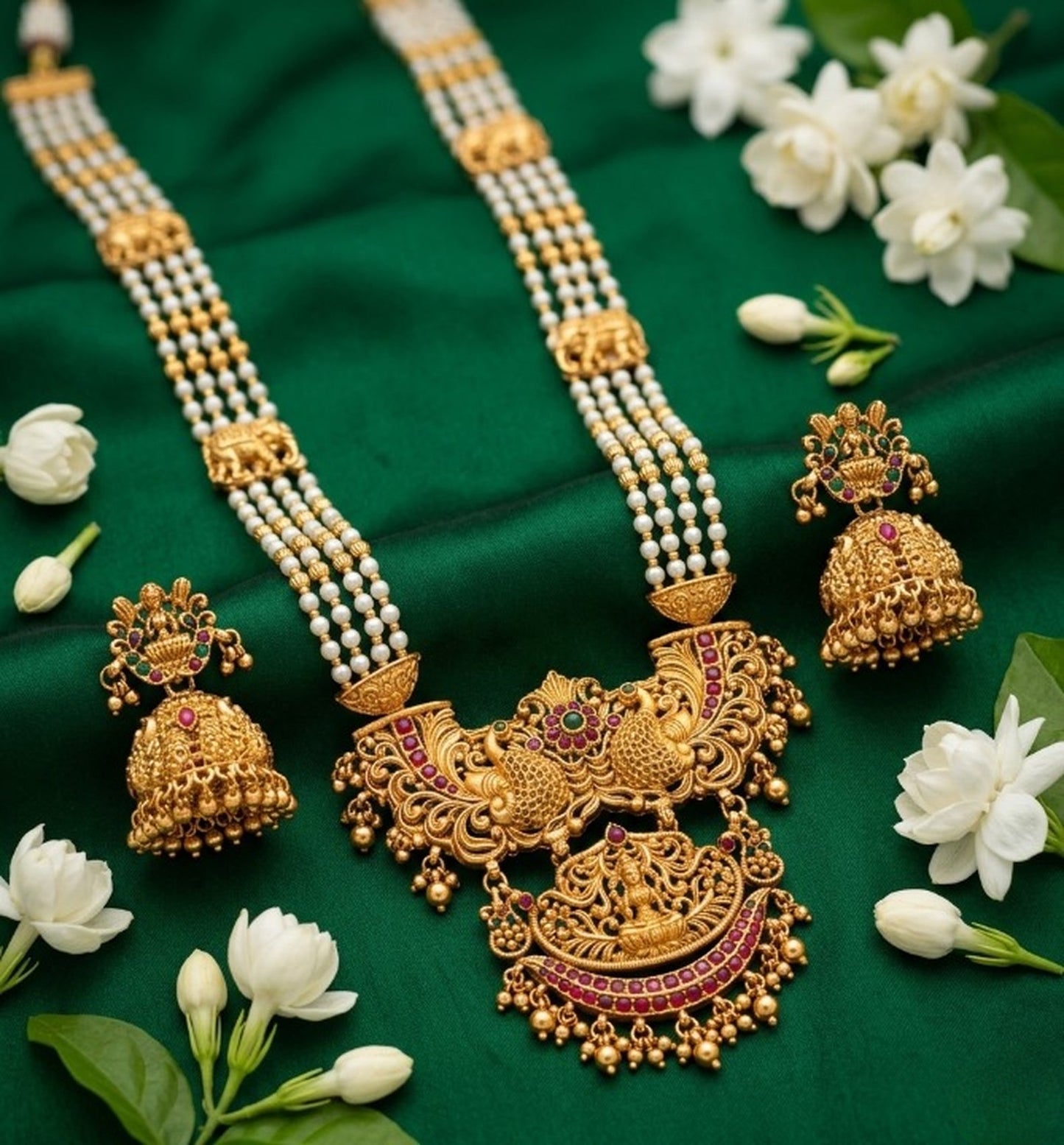 Jewel City Antique Temple Jewelry Gold-Plated Necklace Set with Lakshmi Pendant & Earrings Traditional South Indian Bridal Jewelry