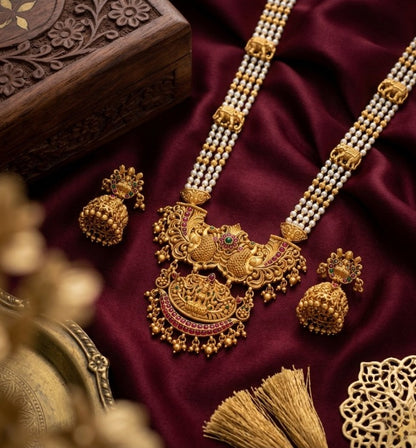 Jewel City Antique Temple Jewelry Gold-Plated Necklace Set with Lakshmi Pendant & Earrings Traditional South Indian Bridal Jewelry