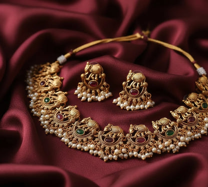 Jewel City Exquisite Antique Gold-Plated Temple Choker Necklace Set