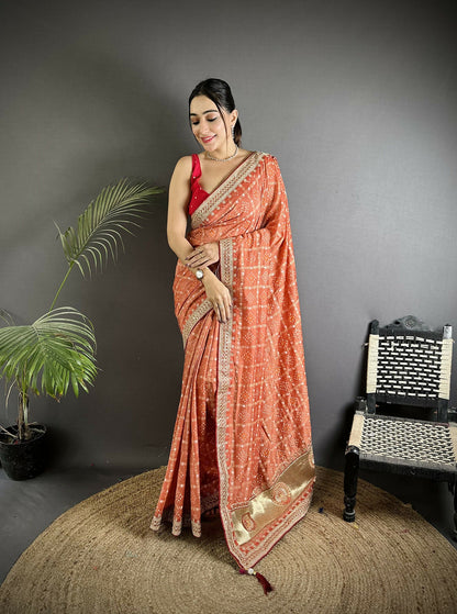 Joban Fashion Peach Bandhej Bandhani Vichitra Silk Bandhani Prints Saree