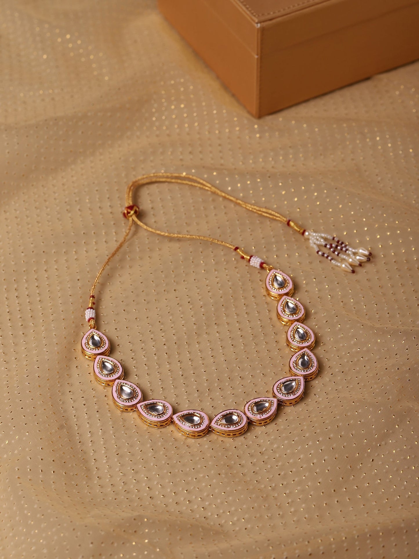 Pink Brass Gold-Polished Kundan Necklace - Ruby Raang