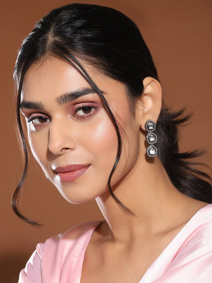 Black Geometric Kundan Drop Earrings - Ruby Raang