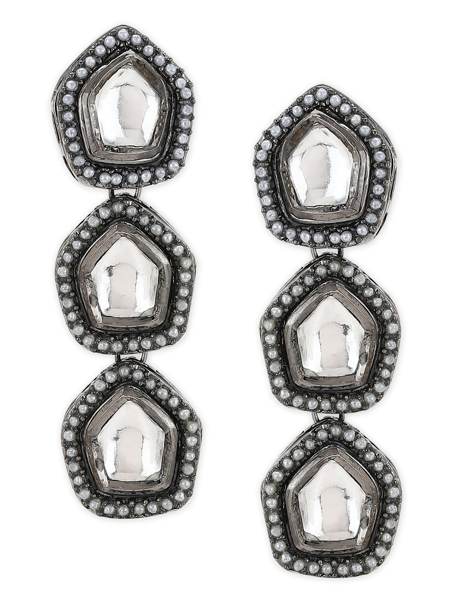 Black Geometric Kundan Drop Earrings - Ruby Raang