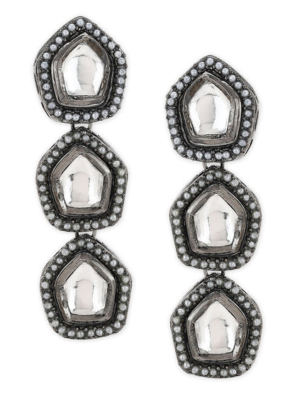 Black Geometric Kundan Drop Earrings - Ruby Raang
