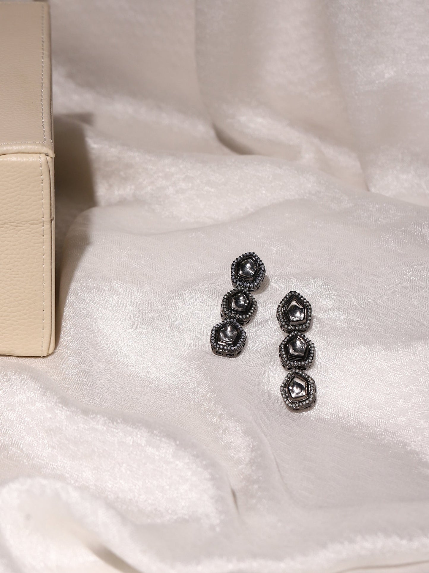Black Geometric Kundan Drop Earrings - Ruby Raang