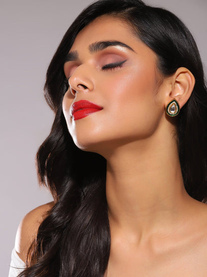 Green Gold-Polished Teardrop Shaped Studs Earrings - Ruby Raang