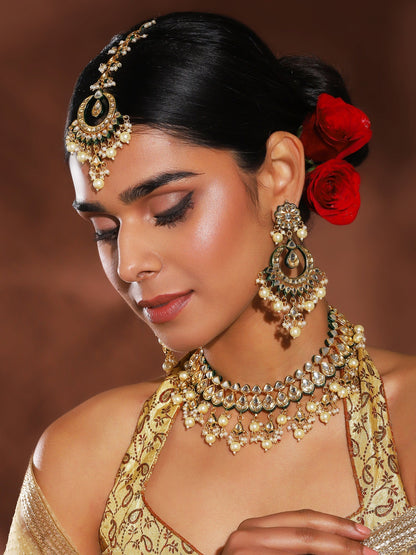 Gold-Polished Green Kundan-Studded Pearl Beaded Jewellery Set - Ruby Raang