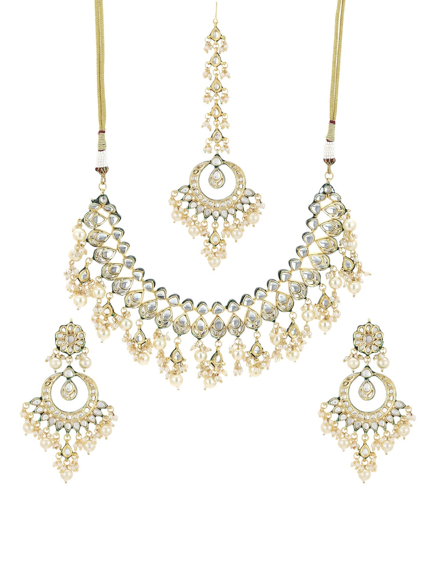 Gold-Polished Green Kundan-Studded Pearl Beaded Jewellery Set - Ruby Raang